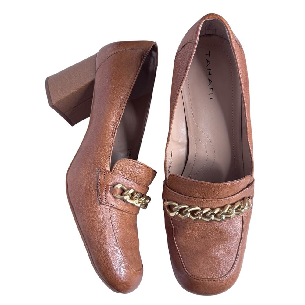 Tahari Brown Leather Chain Loafer Block Heel Pumps Womens Size 8.5 Cognac
